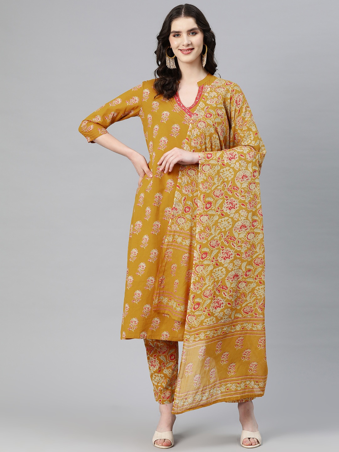 

Readiprint Women Printed Angrakha Sequinned Kurta with Trousers & With Dupatta, Mustard