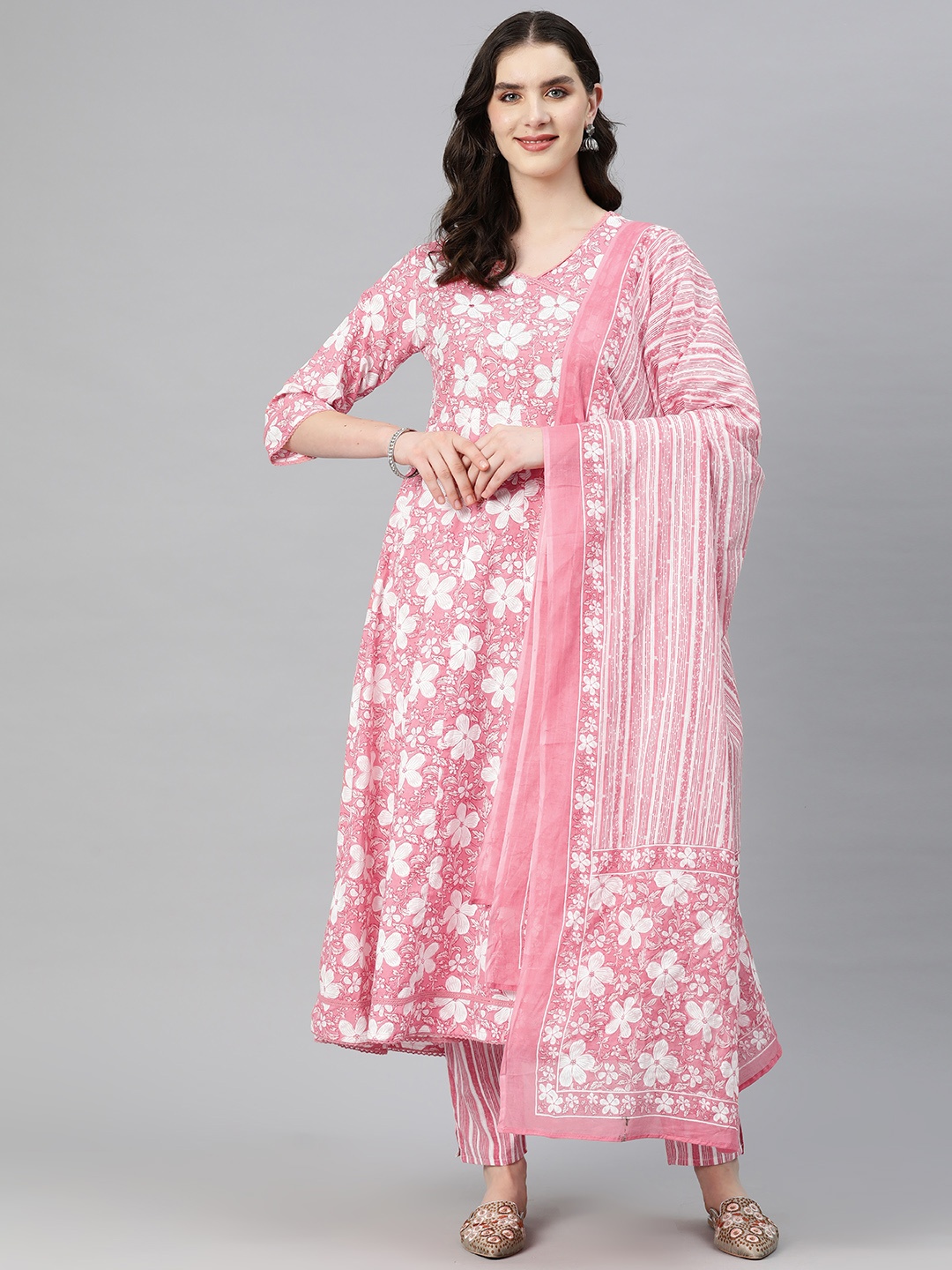 

Readiprint Fashions Women Printed Angrakha Mirror Work Kurta with Trousers & With Dupatta, Pink