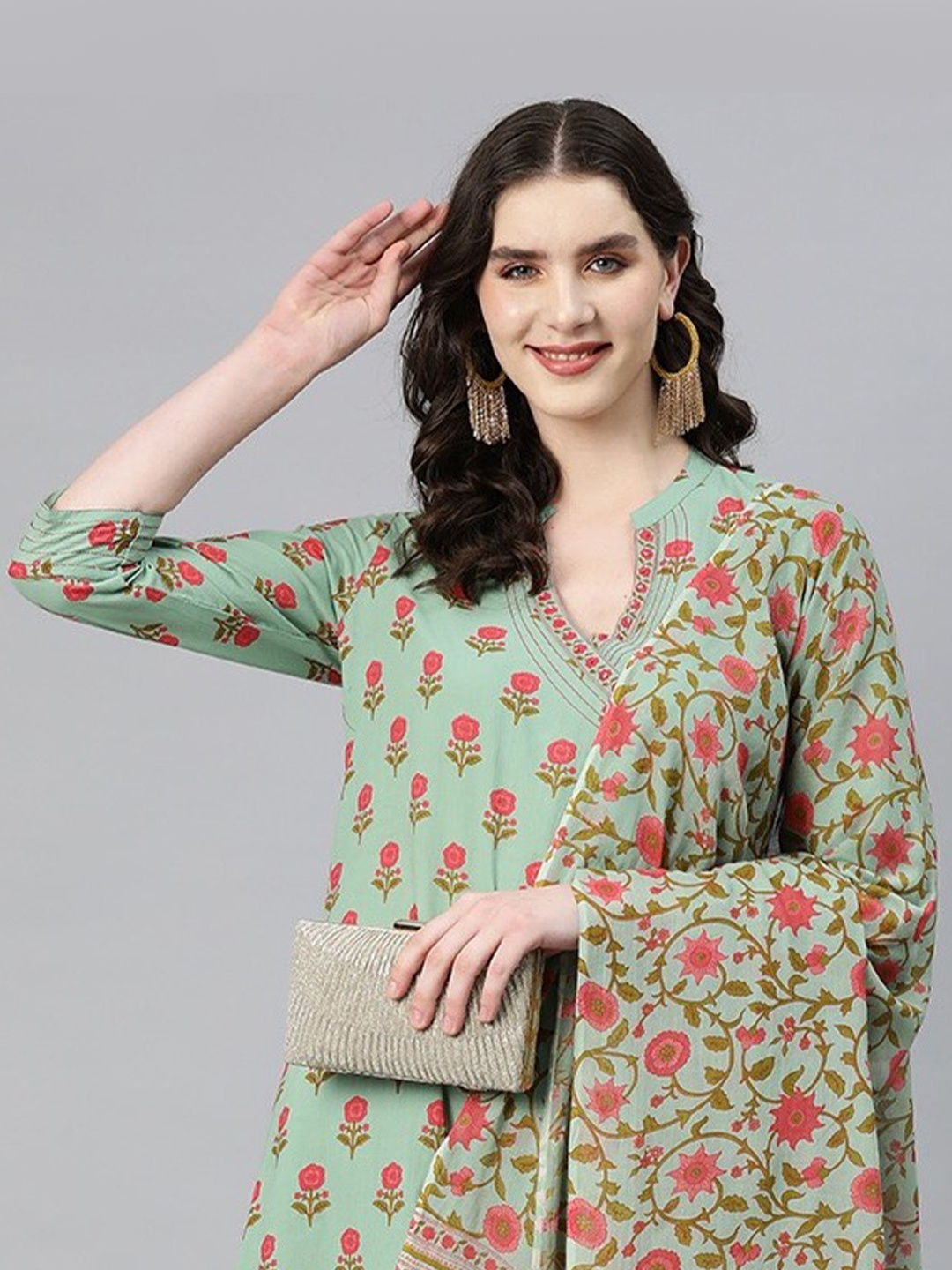 

Readiprint Fashions Women Printed Angrakha Sequinned Kurta with Trousers & With Dupatta, Green