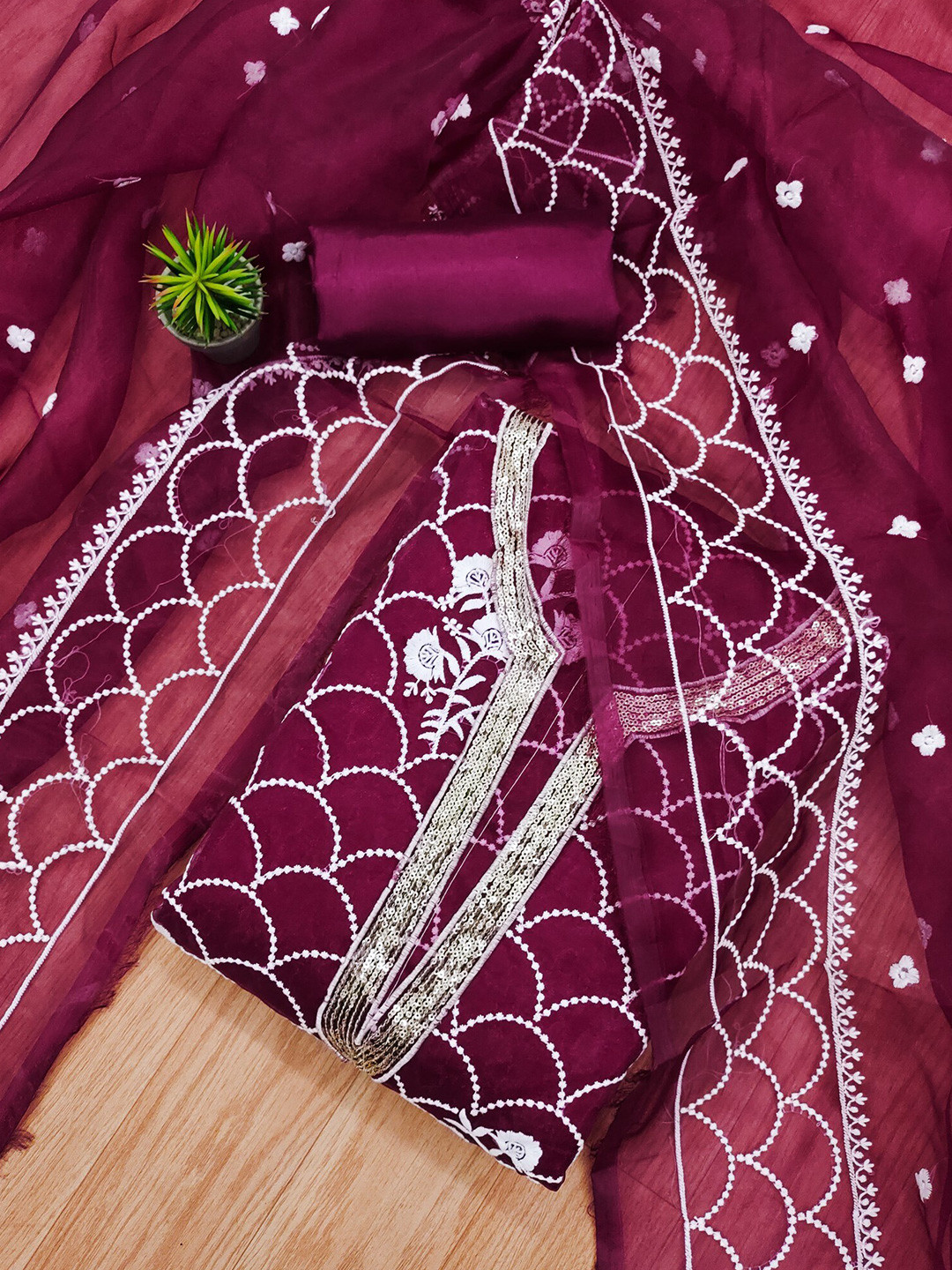 

KALINI Embroidered Organza Unstitched Dress Material, Burgundy