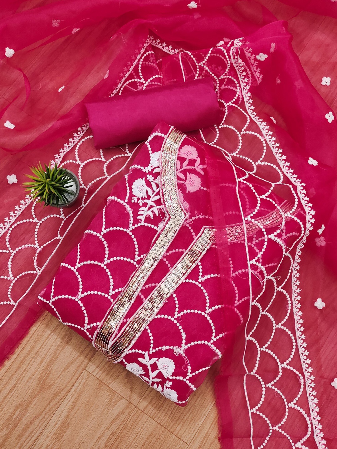 

KALINI Floral Embroidered Organza Unstitched Dress Material, Pink