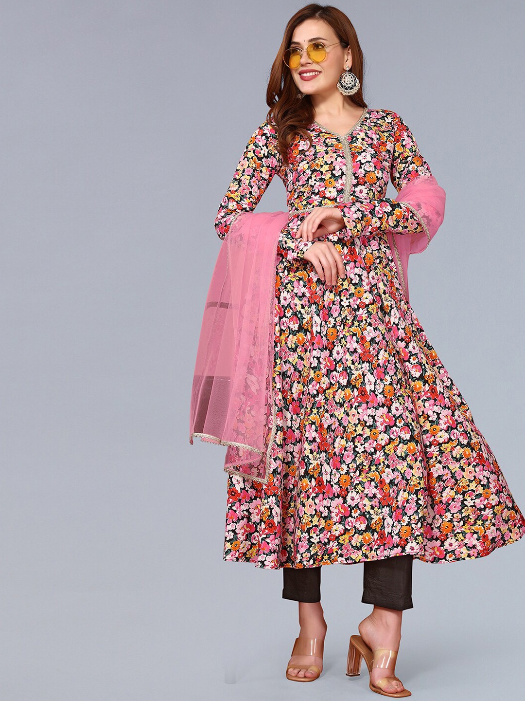 

KALINI Floral Printed Zari Kurta with Palazzos & Dupatta, Pink