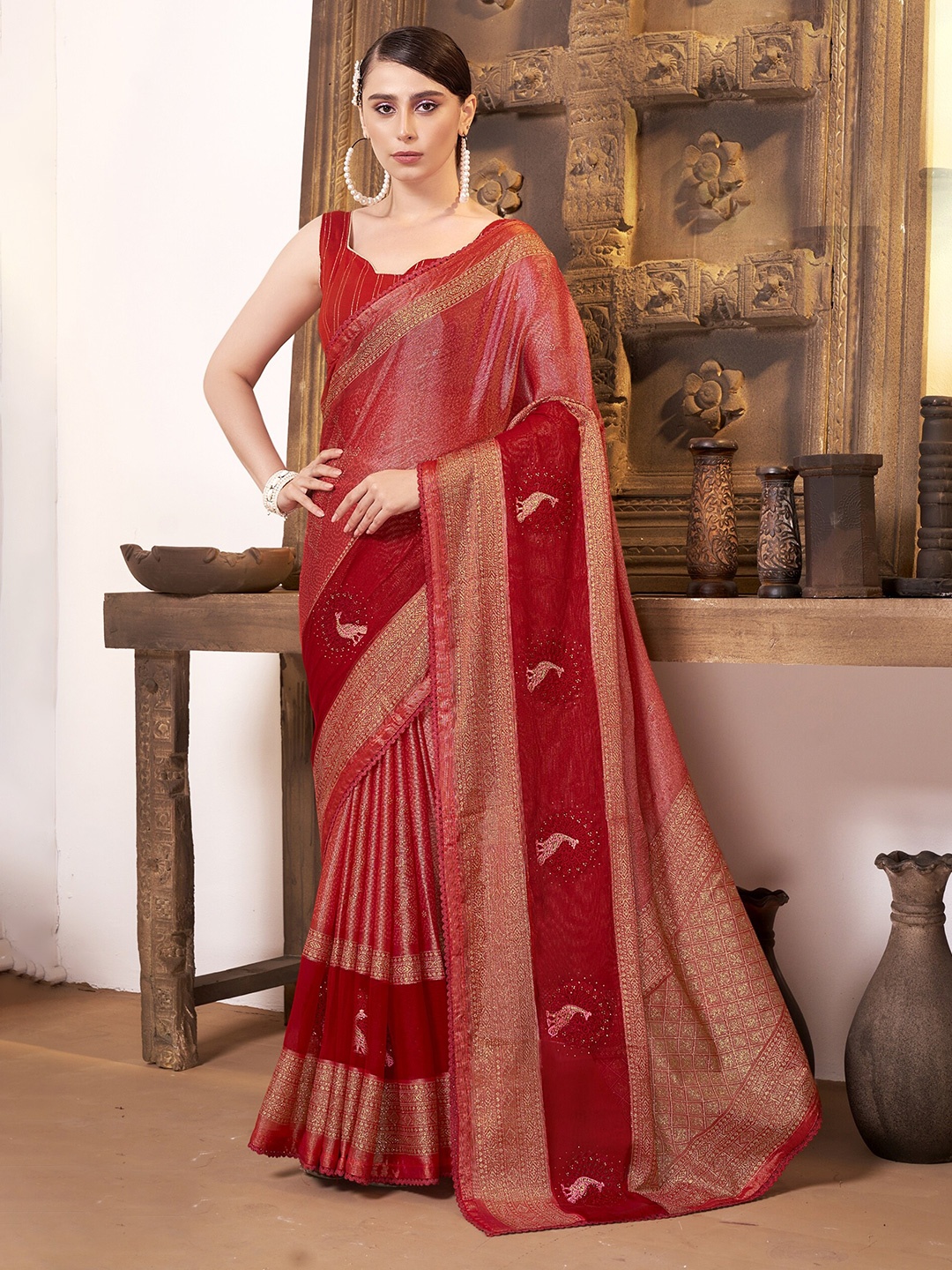 

KALINI Ethnic Motifs Printed Zari Saree, Red
