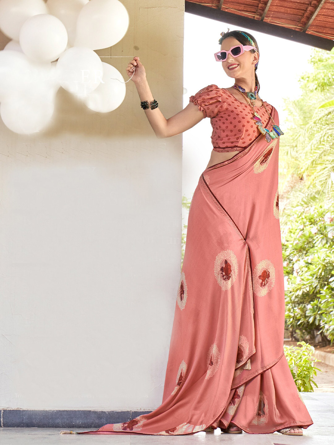 

KALINI Floral Printed Stones & Beads Saree, Peach