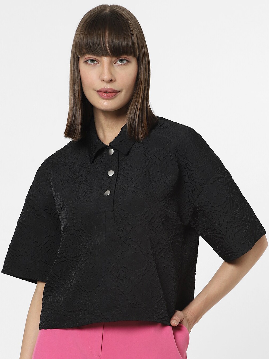 

Vero Moda Self Designed Drop Shoulder Sleeves Shirt Style Top, Black