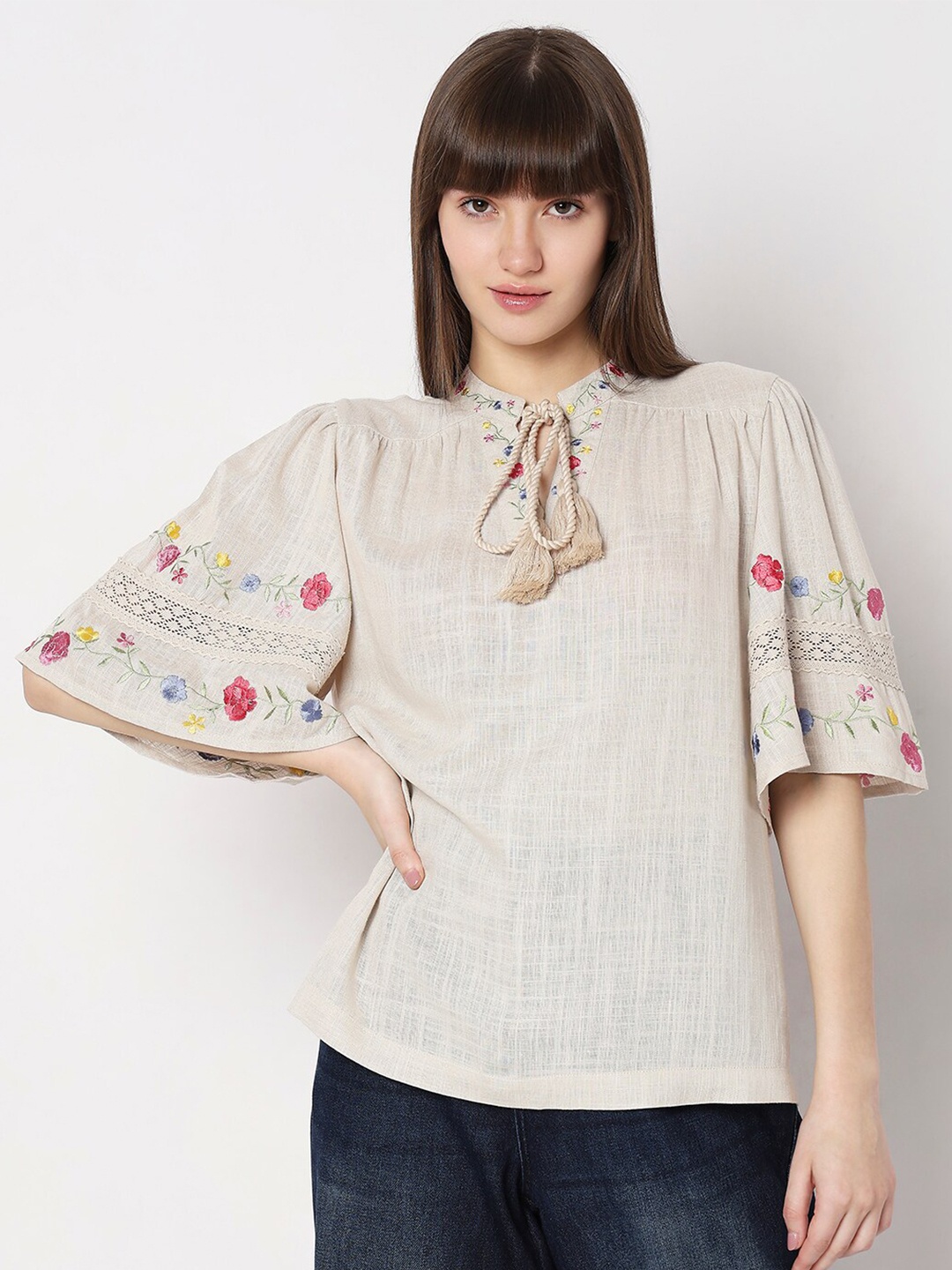 

Vero Moda Floral Embroidered Tie Up Neck Bell Sleeve Top, Beige