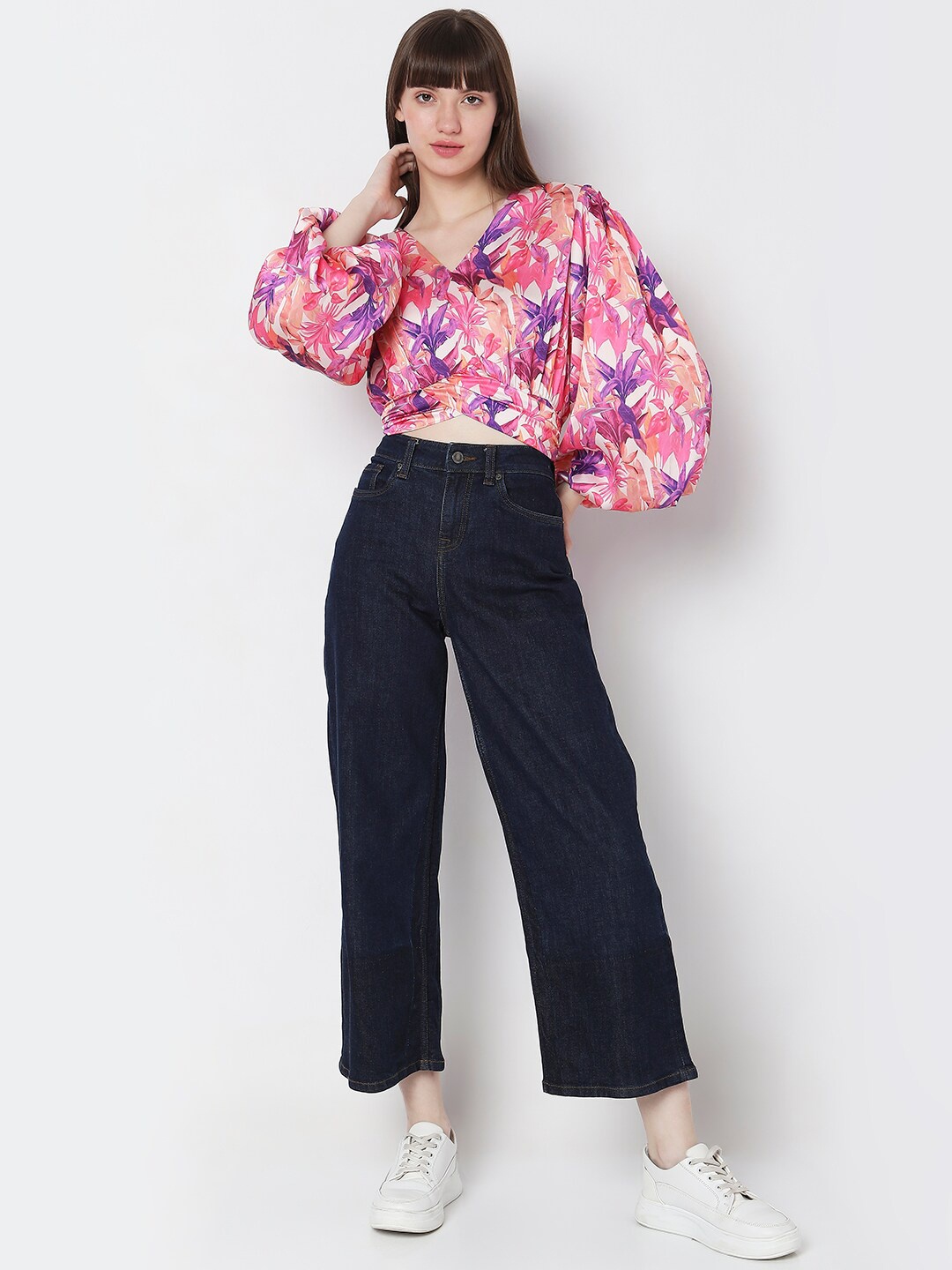 

Vero Moda Floral Printed Bishop Sleeves Smocked Blouson Top, Pink