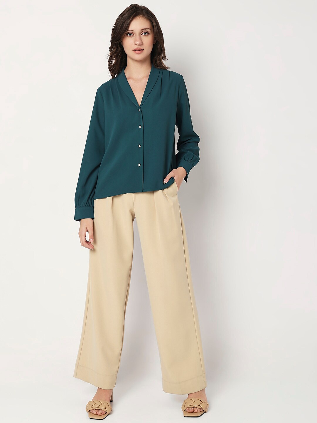 

Vero Moda V-Neck Cuffed Sleeves Shirt Style Top, Teal