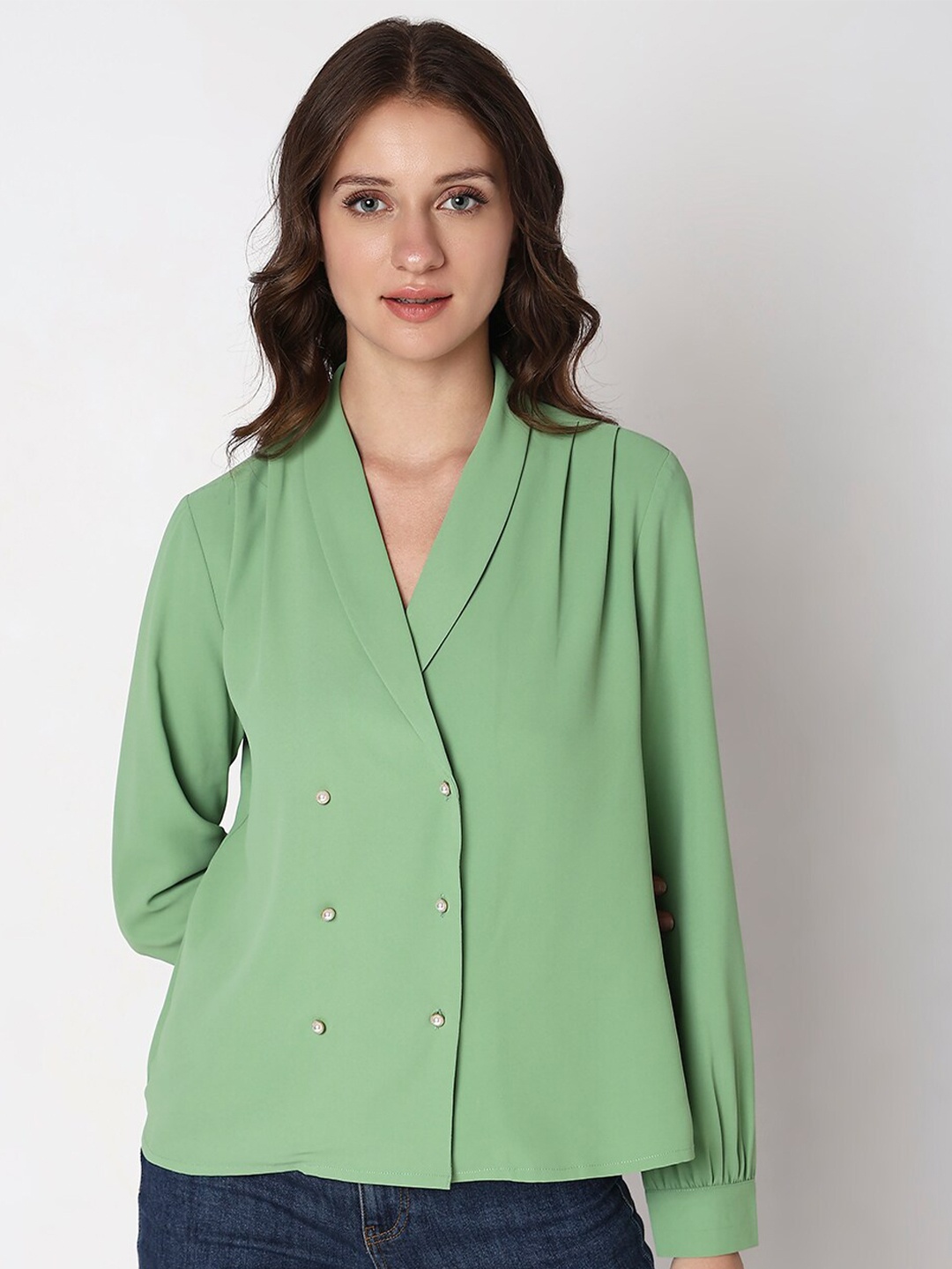 

Vero Moda V-Neck Cuffed Sleeves Shirt Style Top, Green