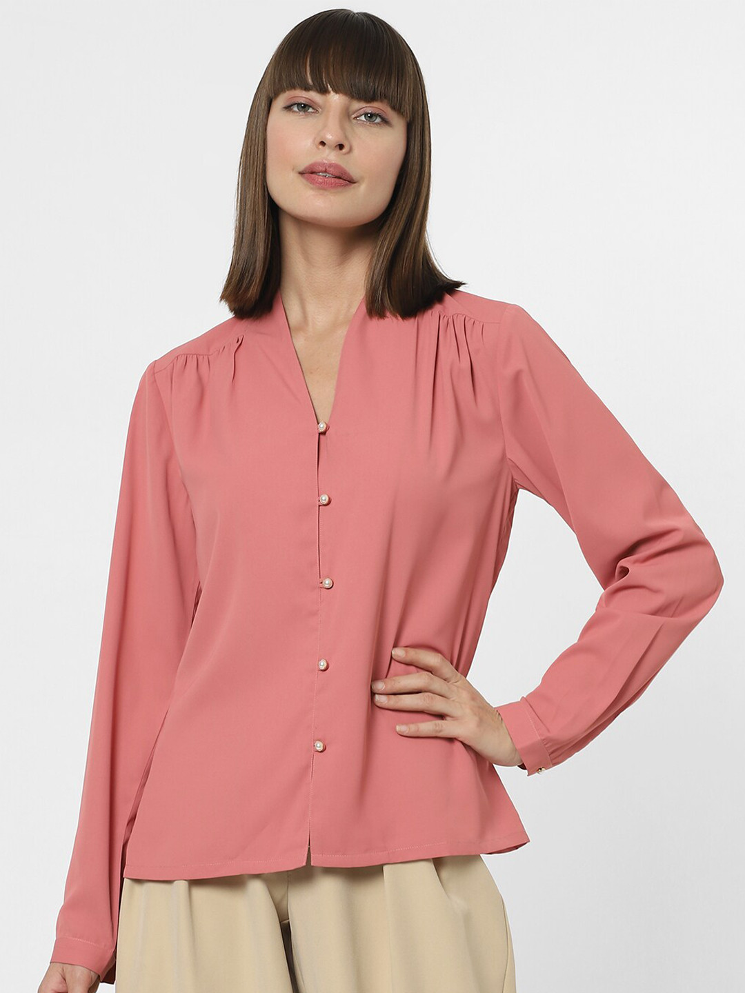 

Vero Moda V-Neck Gathered or Pleated Cuffed Sleeves Shirt Style Top, Pink