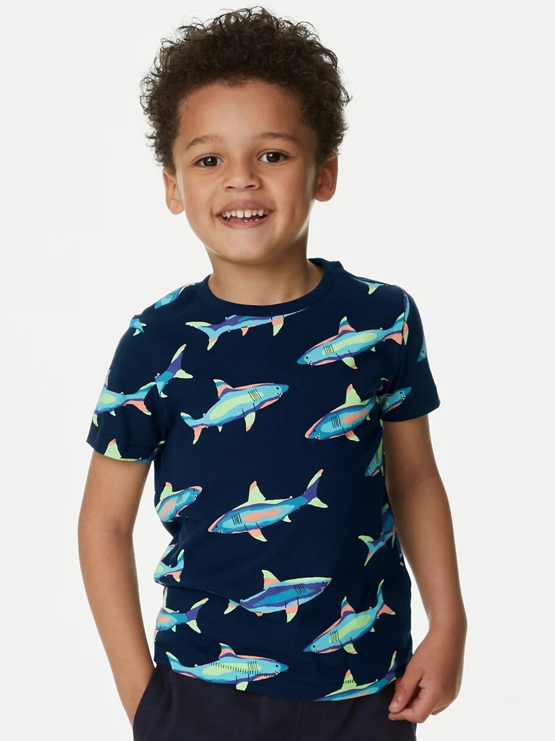 

Marks & Spencer Boys Nautical Printed High Neck Pure Cotton Casual T-shirt, Navy blue