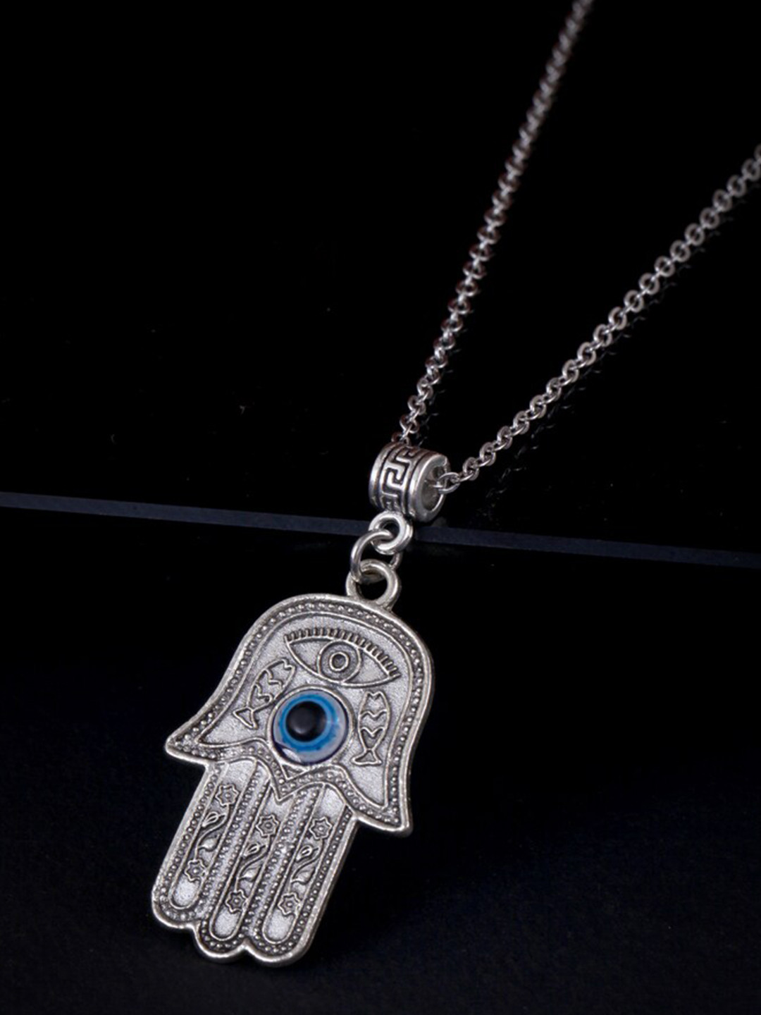 

MEENAZ Silver-Plated American Diamond-Studded Evil Eye Pendant With Chain