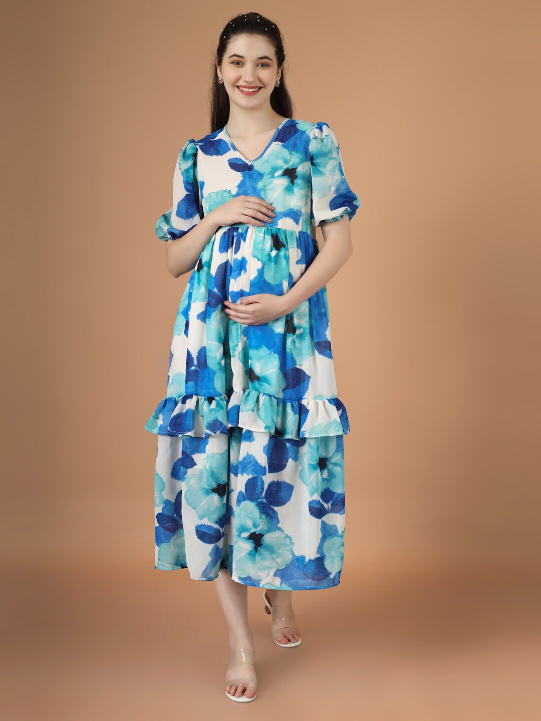 

angloindu Floral Printed V-Neck Gathered Tiered Georgette Maternity Fit & Flare Midi Dress, Blue