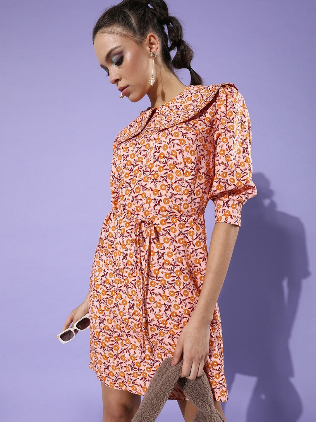 

EVERYDAY by ANI Orange & Peach Floral Printed Peter Pan Collar Cuffed Sleeve Tie-Ups A-Line Dress