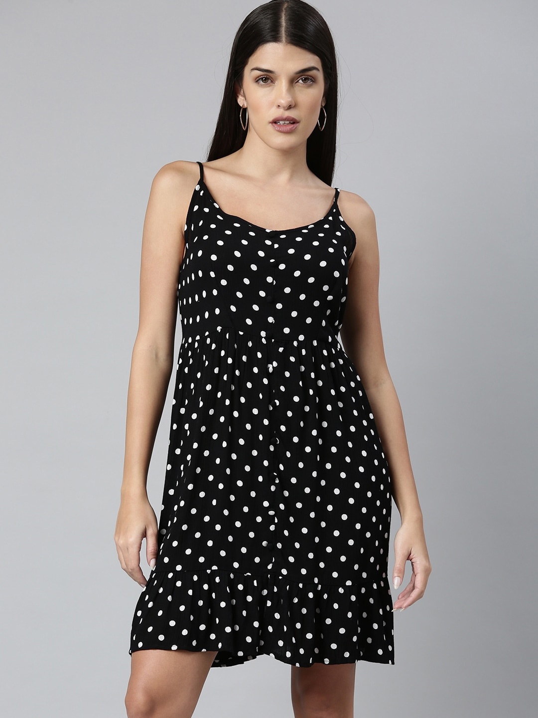 

EVERYDAY by ANI Black Polka Dots Printed Shoulder Straps Gathered Tiered A-Line Dress