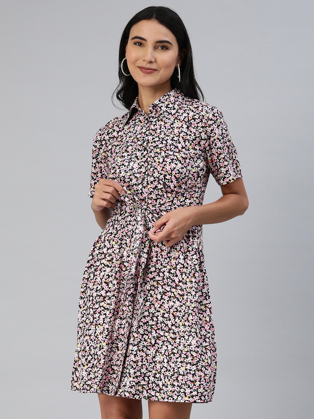 

EVERYDAY by ANI Black & Pink Floral Printed Shirt Collar Tie-Ups Shirt Dress