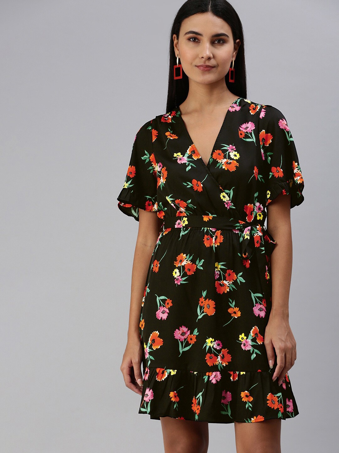 

EVERYDAY by ANI Black & Orange Floral Printed V-Neck Flared Sleeve Gathered Tiered A-line Dress