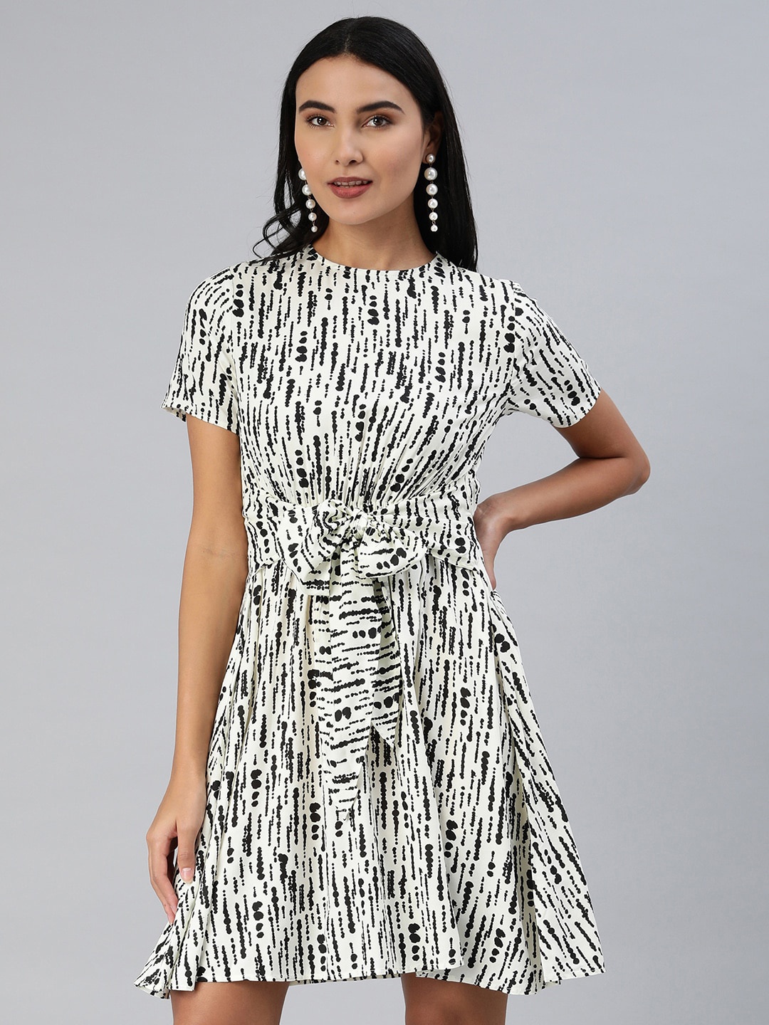 

EVERYDAY by ANI White Abstract Printed Round Neck Tie-ups A-Line Dress
