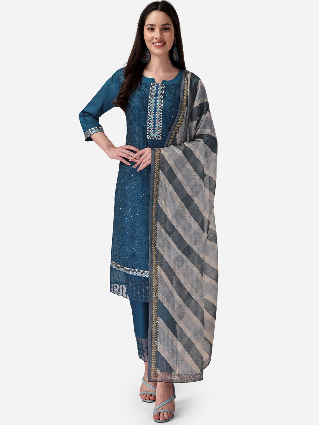 

STYLE SAMSARA Ethnic Motifs Yoke Design Kurta with Trousers & Dupatta, Blue