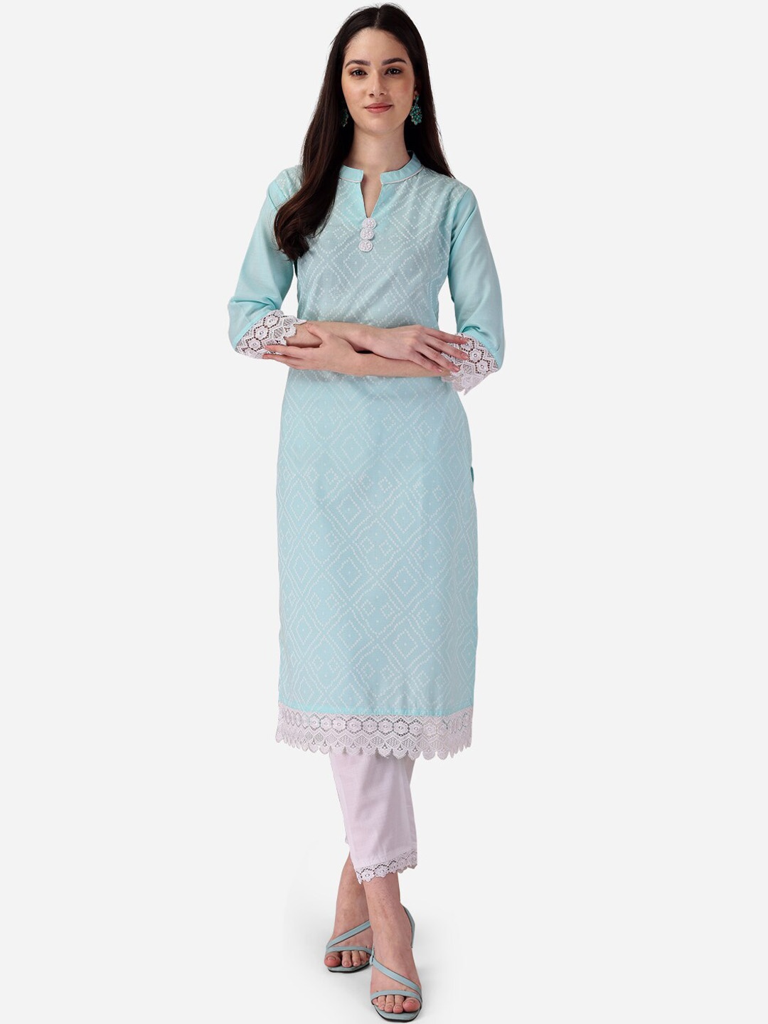 

STYLE SAMSARA Bandhani Printed Kurta with Trousers, Turquoise blue