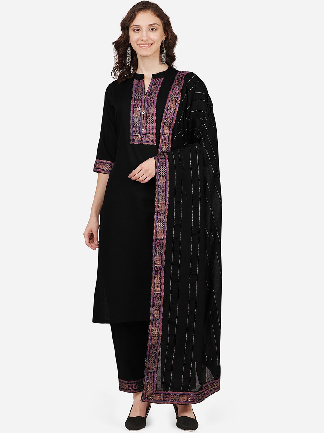 

STYLE SAMSARA Ethnic Motifs Yoke Design Kurta with Trousers & Dupatta, Black