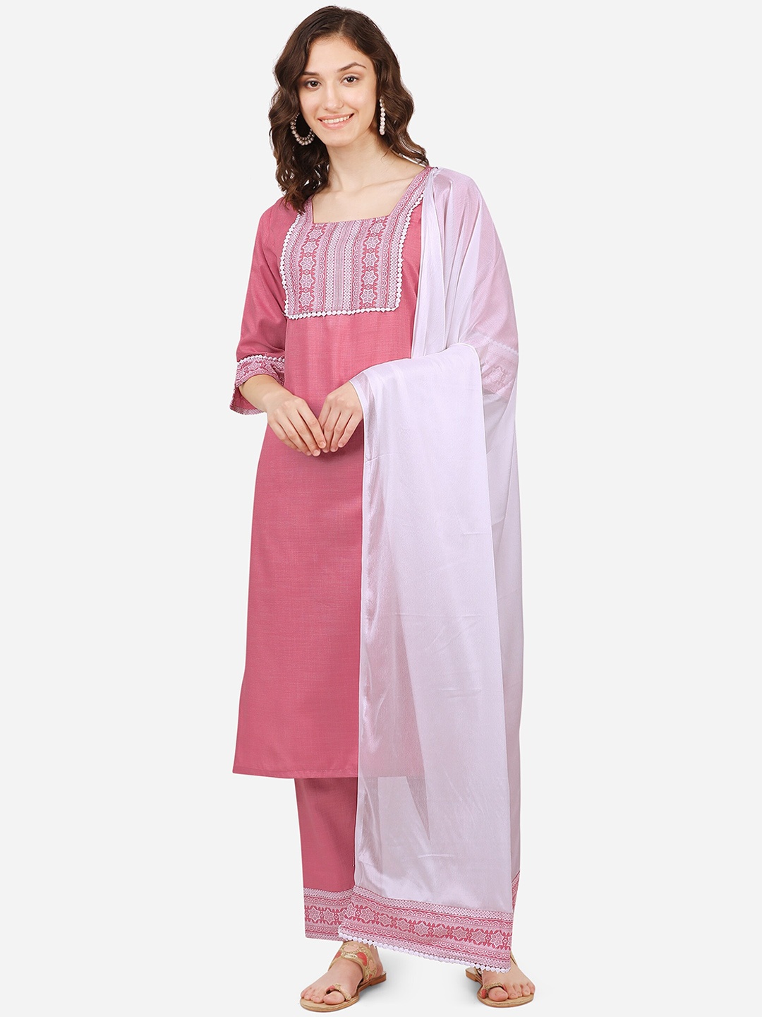 

STYLE SAMSARA Floral Yoke Design Kurta with Trousers & With Dupatta, Pink