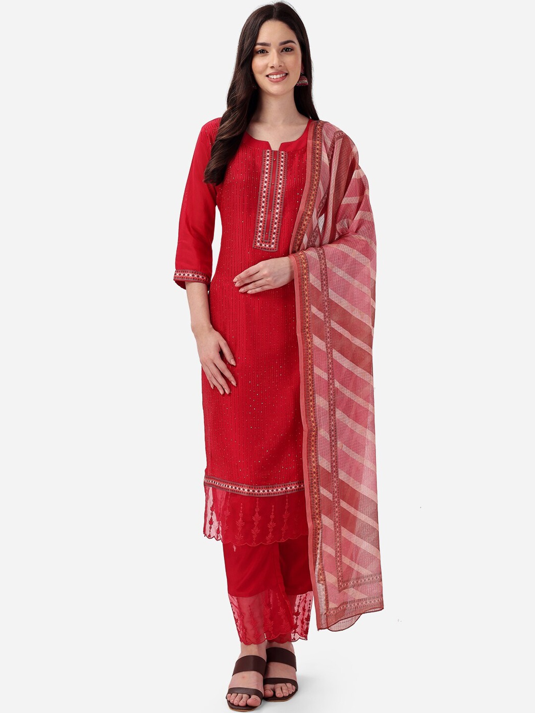 

STYLE SAMSARA Geometric printed Sequinned Kurta with Trousers & Dupatta, Maroon