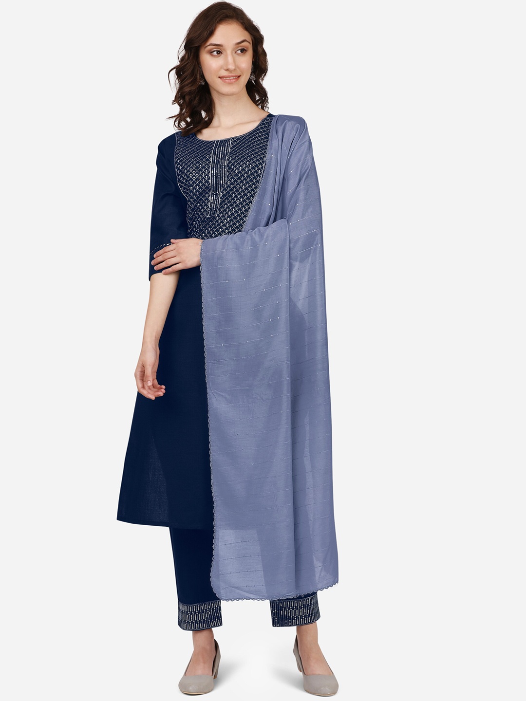 

STYLE SAMSARA Geometric Yoke Design Sequinned Kurta with Trousers & With Dupatta, Blue