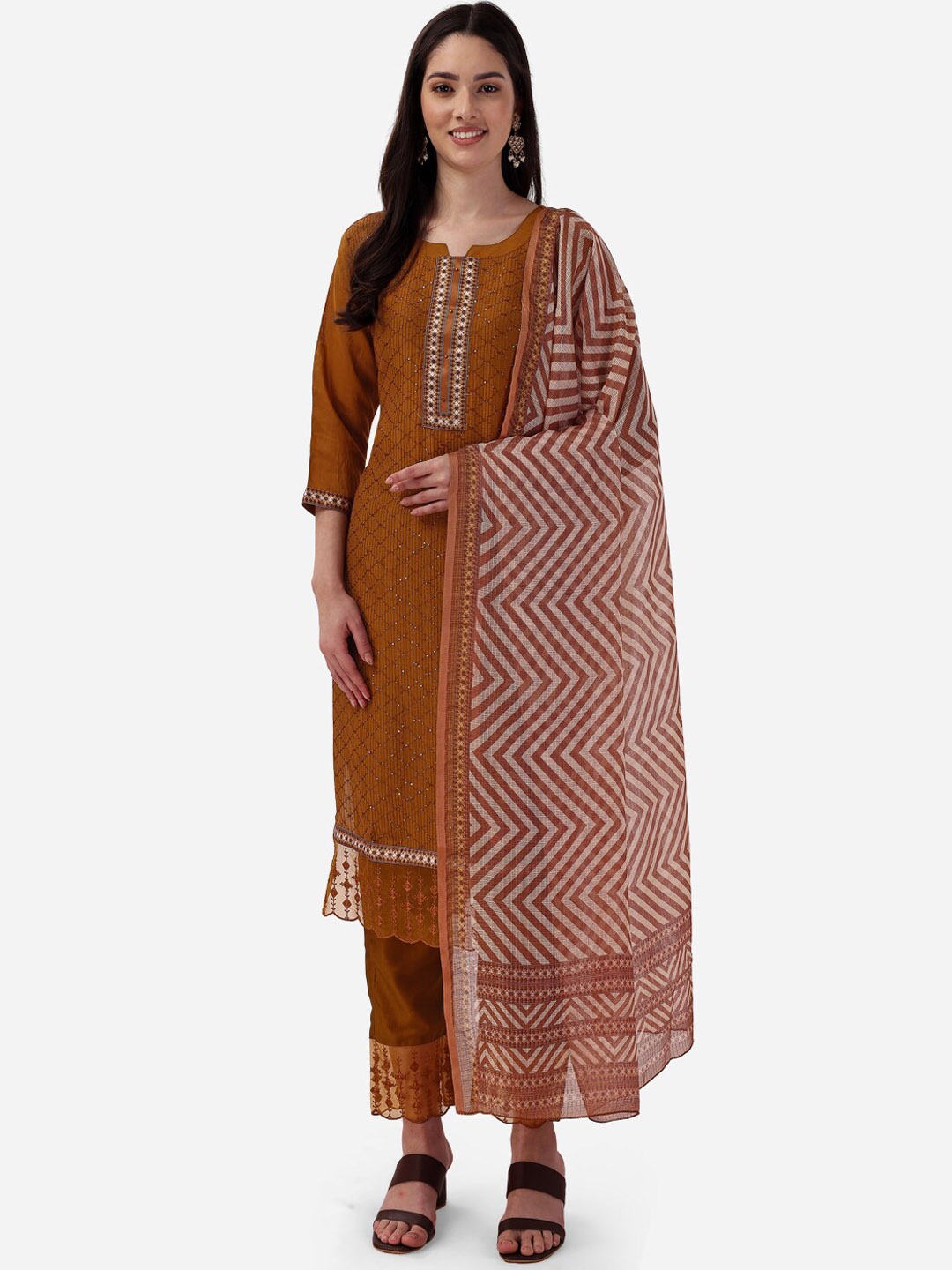 

STYLE SAMSARA Geometric printed Sequinned Kurta with Trousers & Dupatta, Brown