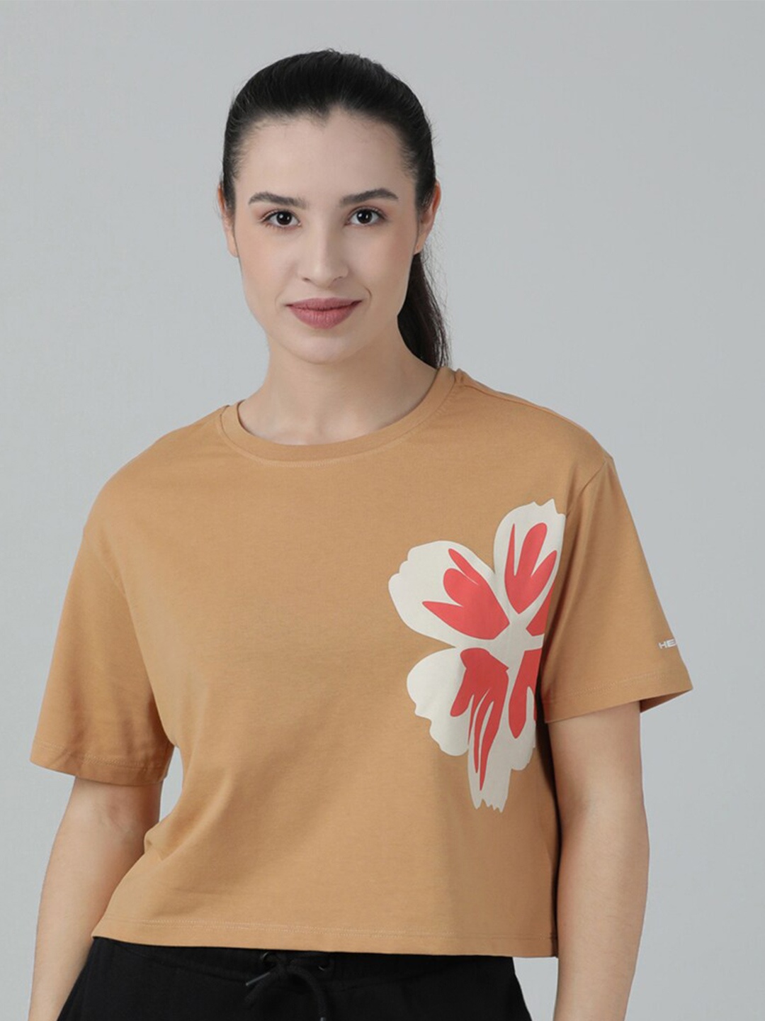 

Head Floral Printed Slim Fit Cotton Crop T-shirt, Brown