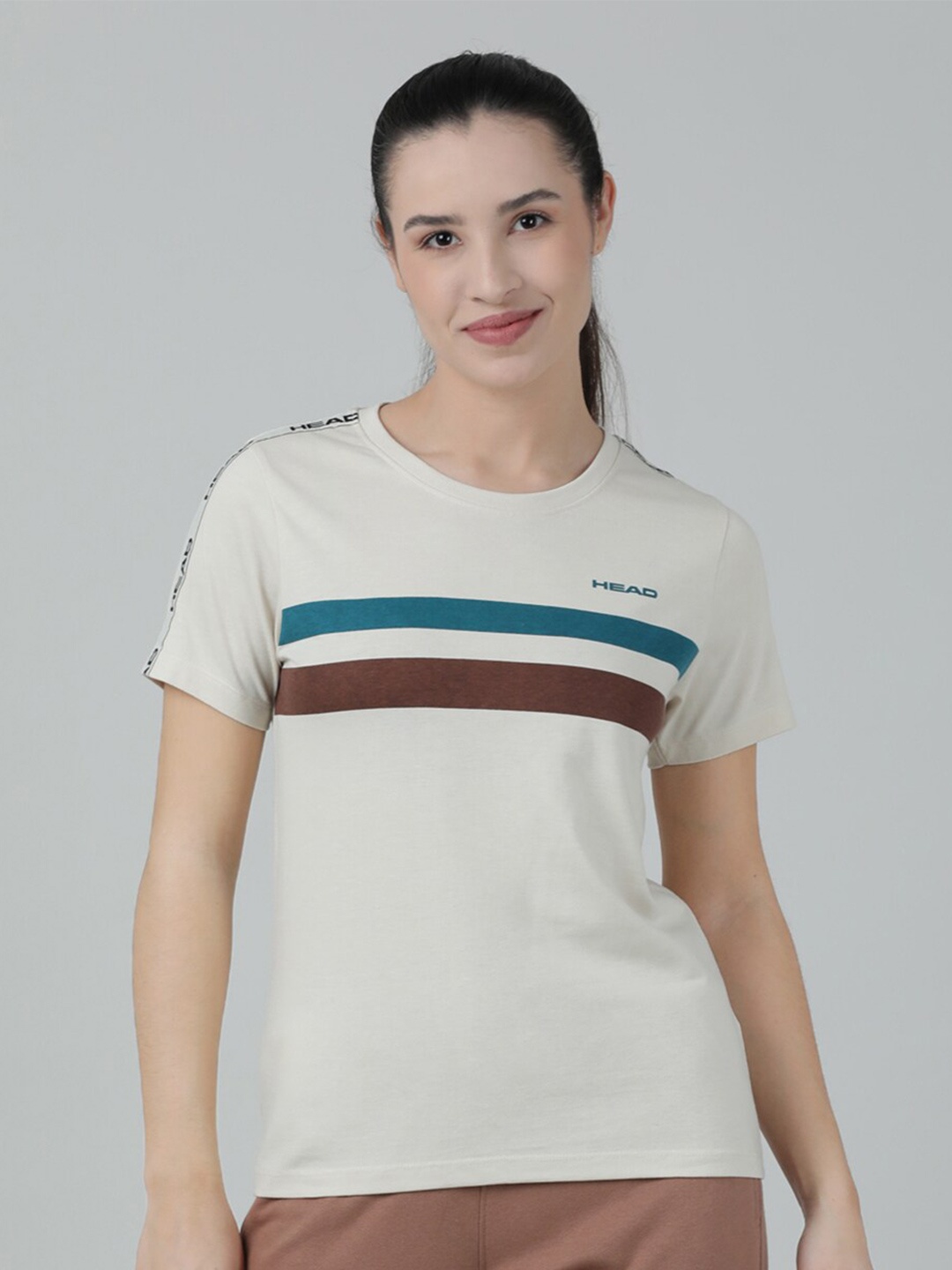 

Head Striped Round Neck Slim Fit Cotton T-shirt, White