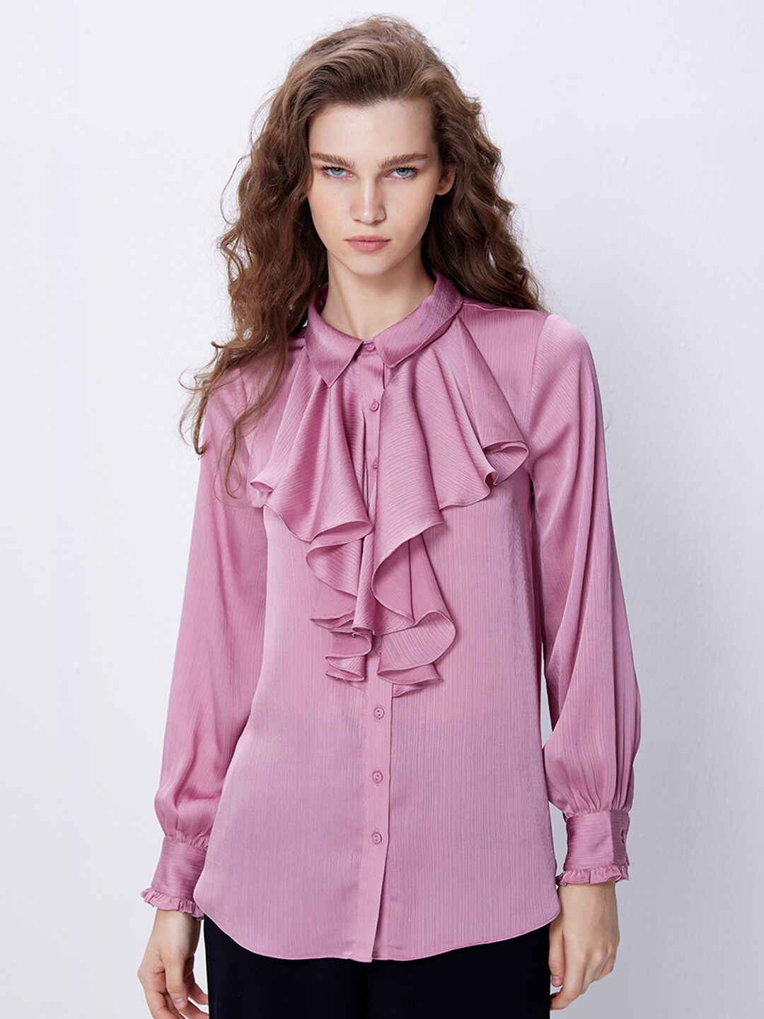 

COVER STORY Pink Shirt Collar Ruffled Shirt Style Top