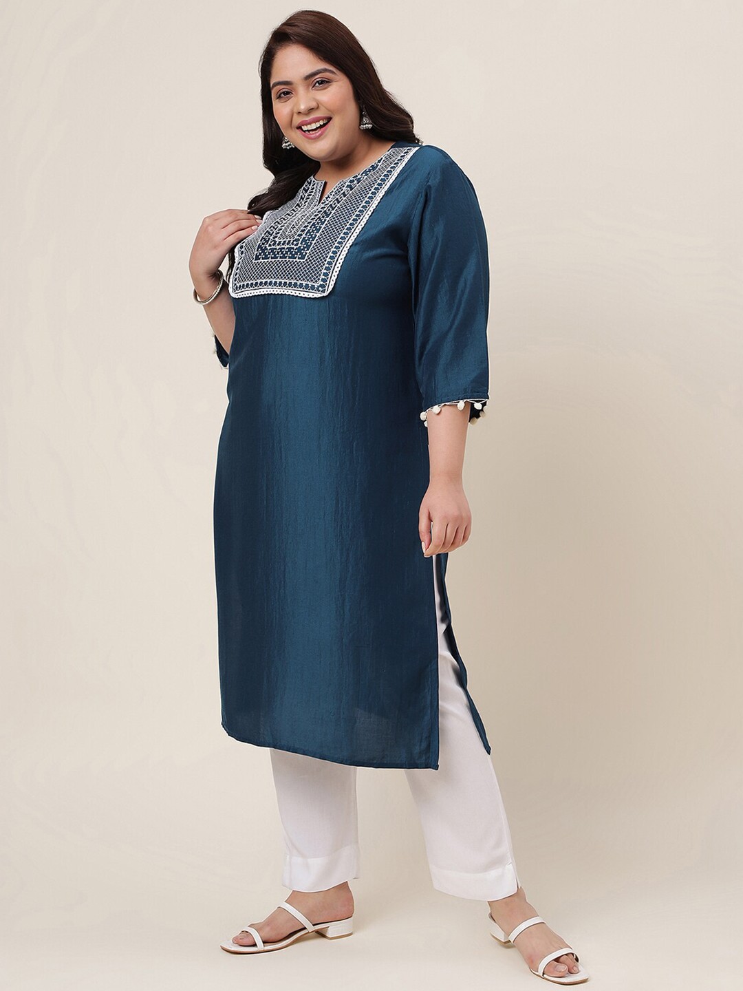 

KALINI Yoke Design Thread Work Straight Kurta, Teal