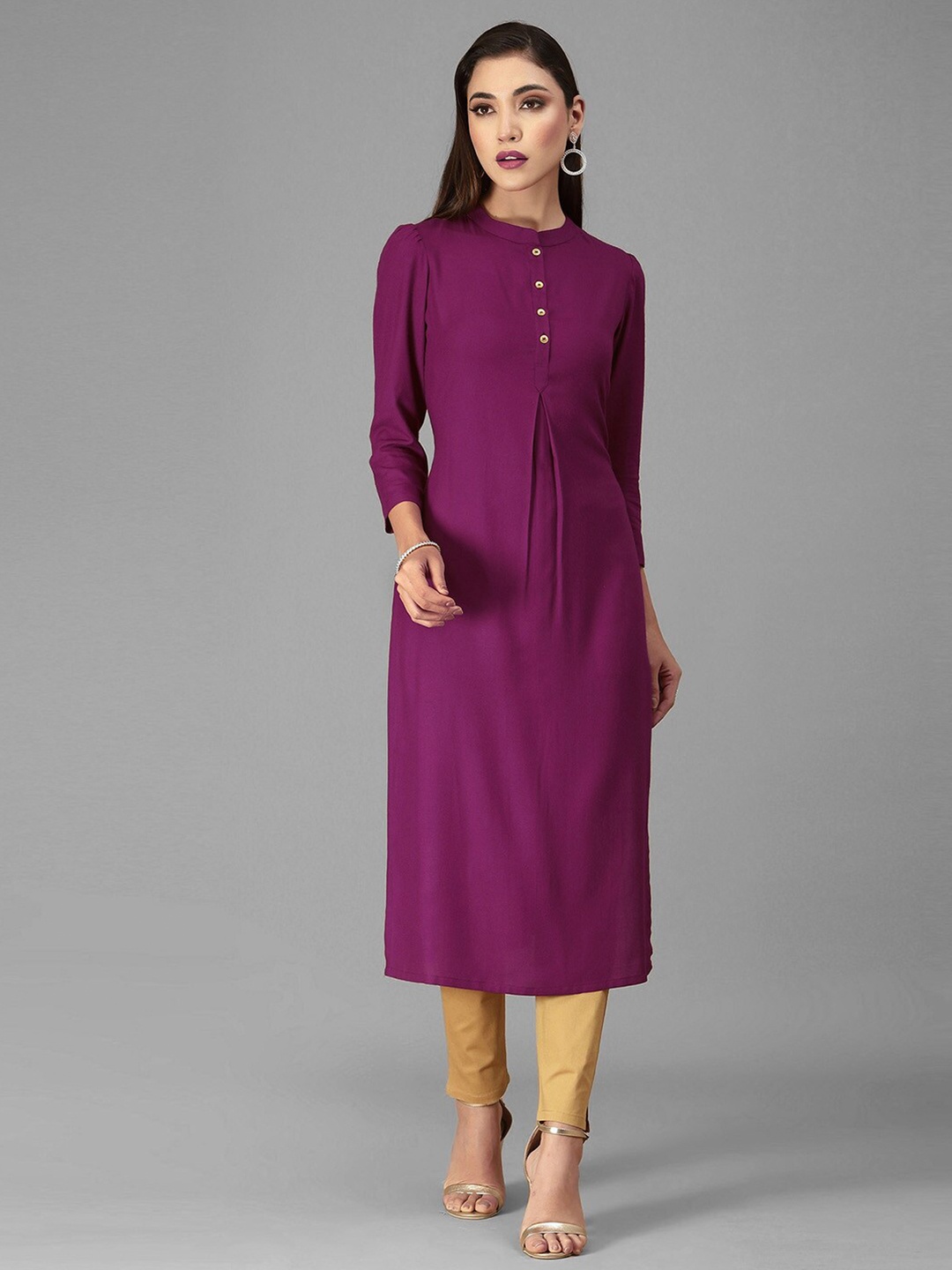 

KALINI Mandarin Collar Three-Quarter Sleeves Straight Kurta, Purple