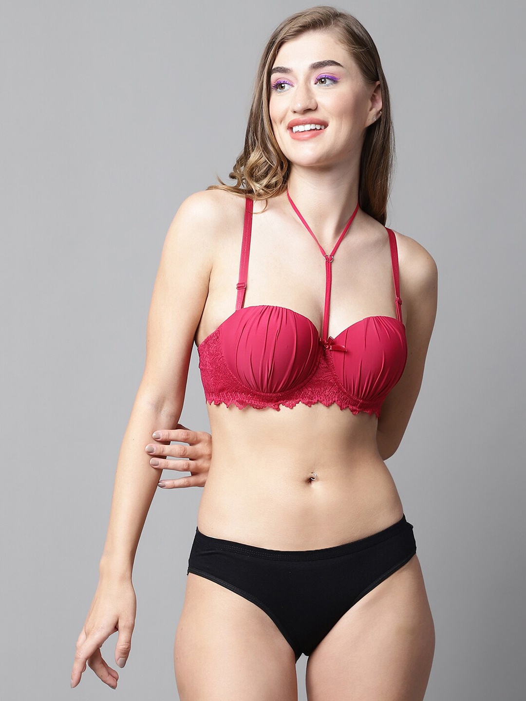 

PrettyCat Self Design Push Up Padded Underwired Cotton Lingerie Set, Red