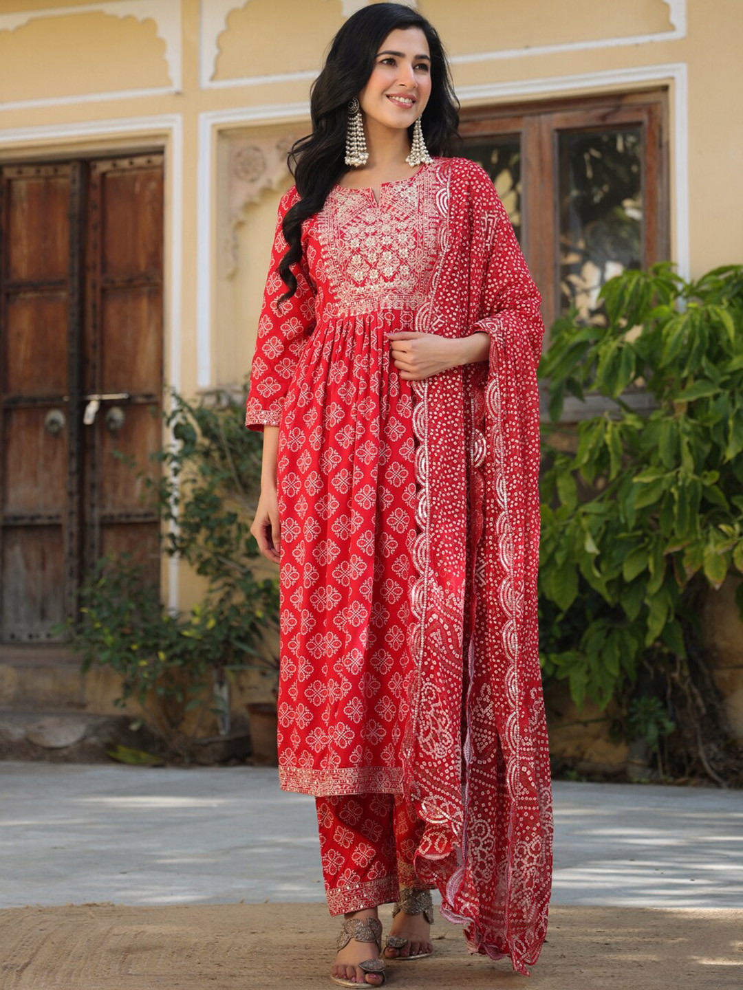 

Prakhya Bandhani Printed Thread Work Detailed A-Line Kurta & Trousers with Dupatta, Red