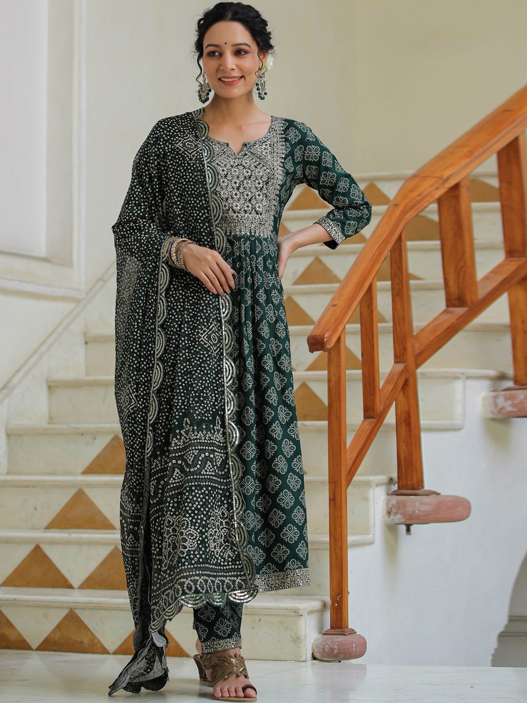 

Prakhya Bandhani Printed Thread Work Detailed Kurta & Trousers with Dupatta, Green