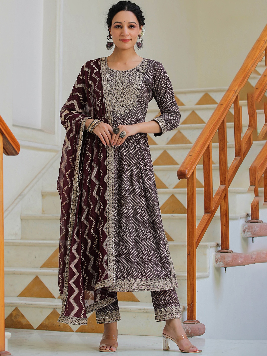 

Prakhya Chevron Printed Sequinned Kurta with Palazzos & With Dupatta, Purple