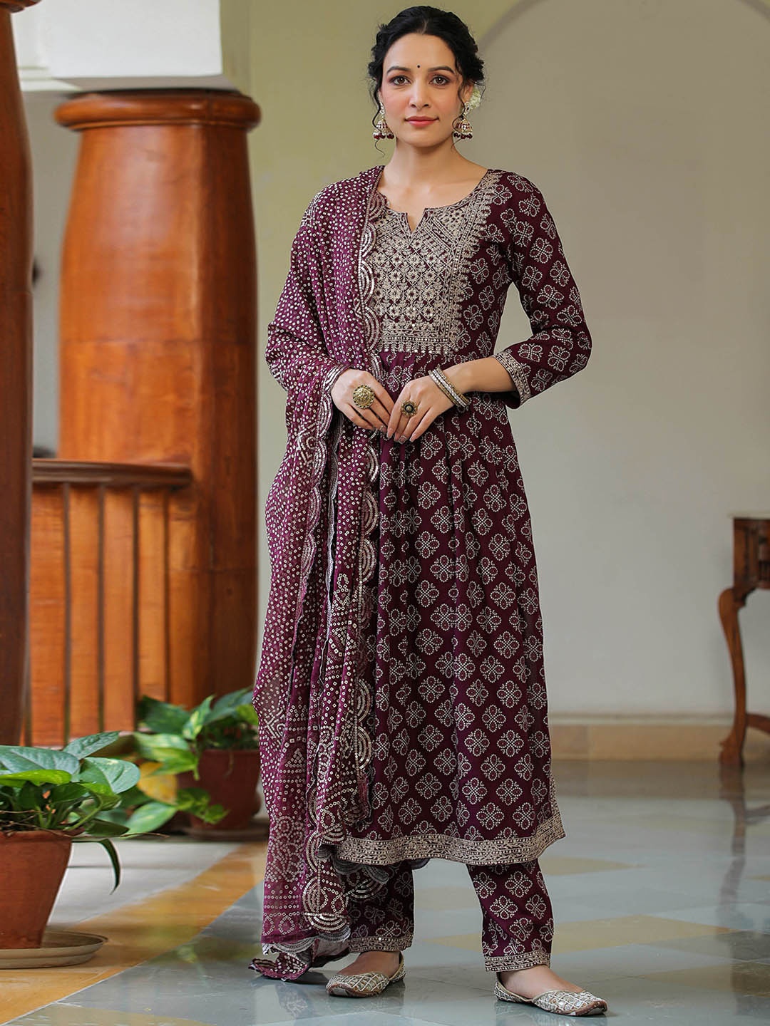 

Prakhya Bandhani Printed Thread Work Detailed Kurta & Trousers with Dupatta, Purple