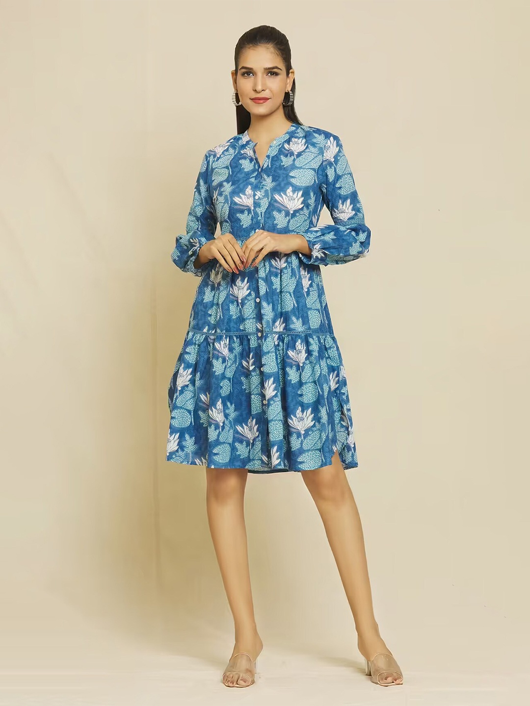 

BAESD Floral Printed V-Neck Cuffed Sleeves Cotton Gathered Detail Tiered A-Line Dress, Blue