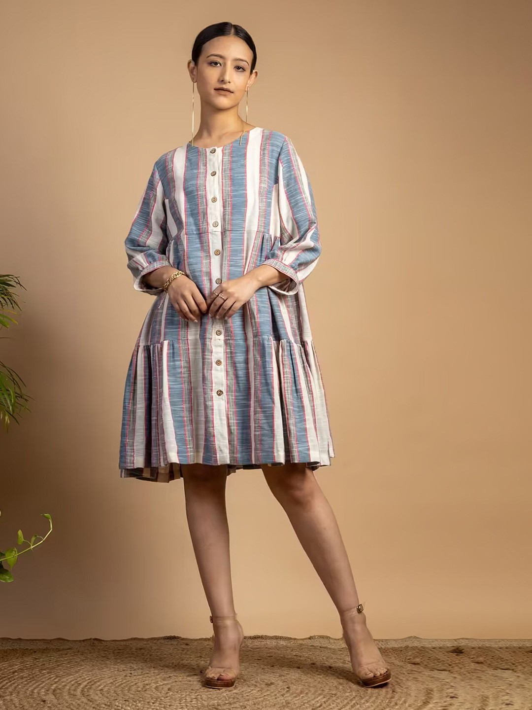 

BAESD Striped Gathered Detail Tiered Cotton A-Line Dress, Beige