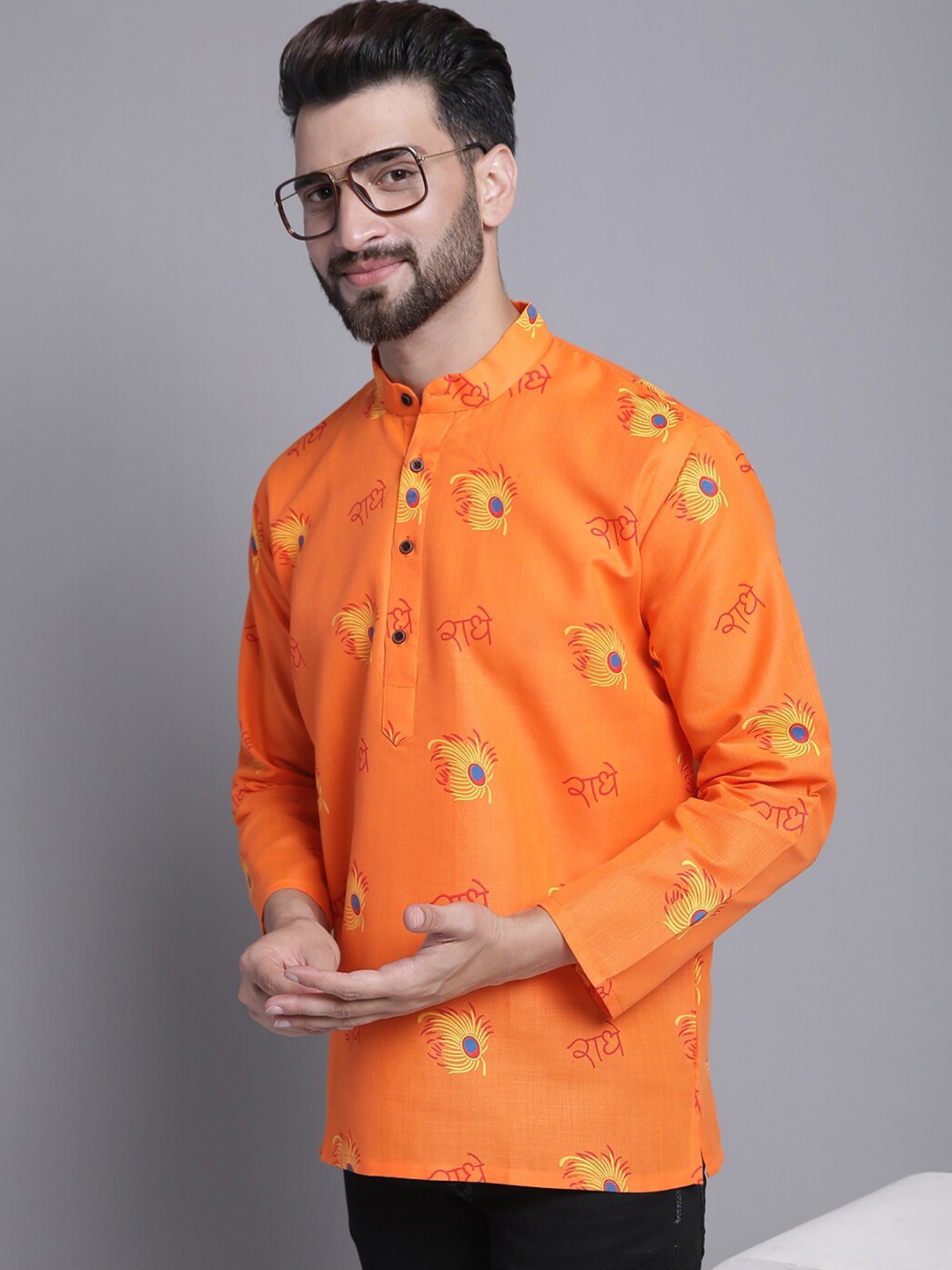 

Armaan Ethnic Quirky printed Band Collar Block Print Straight Kurta, Orange