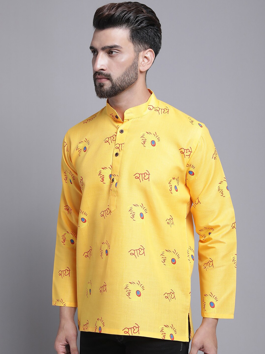 

Armaan Ethnic Quirky Printed Band Collar Block Print Straight Kurta, Yellow