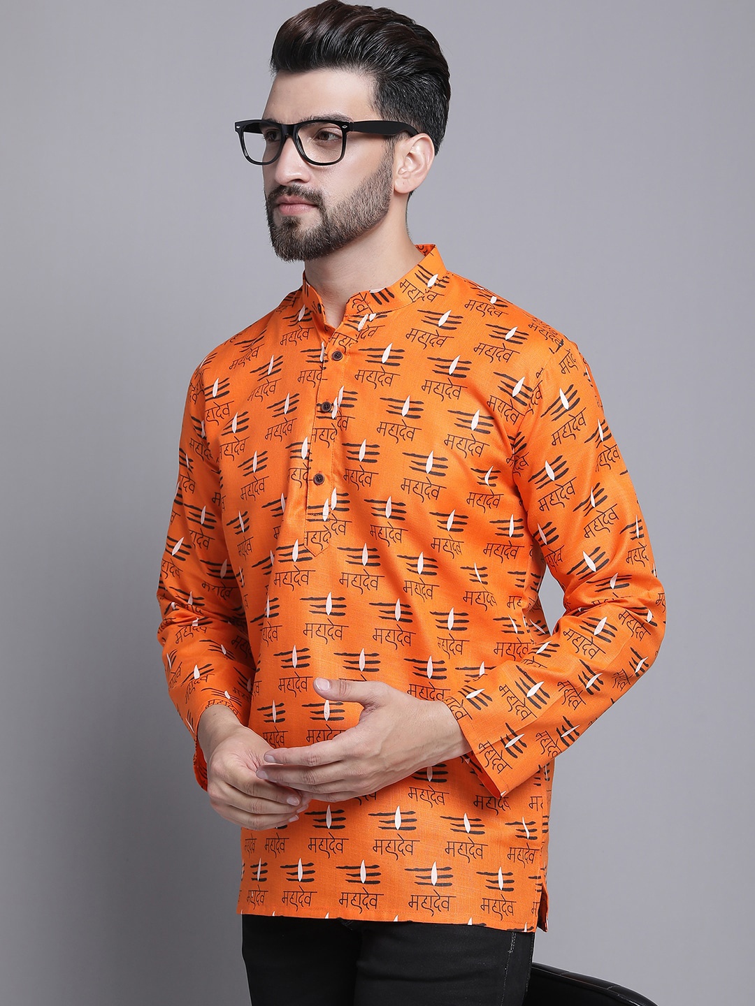 

Armaan Ethnic Quirky Printed Band Collar Block Print Straight Kurta, Orange