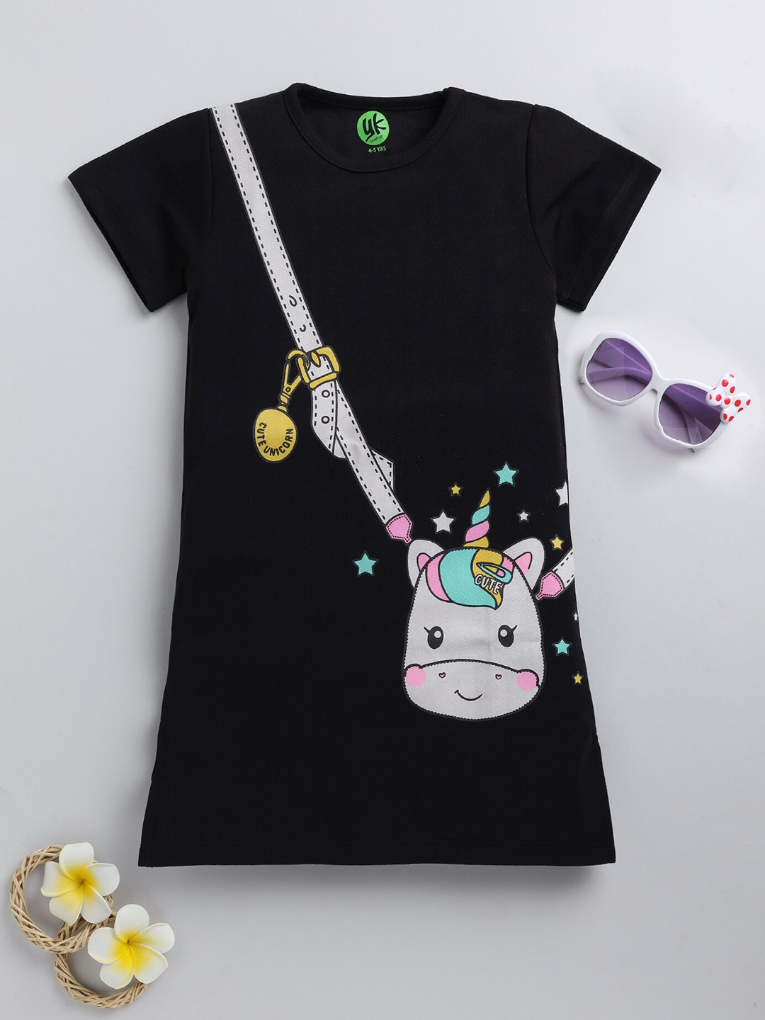 

YK Girls Graphic Printed Round Neck Cotton A-line Dress, Black