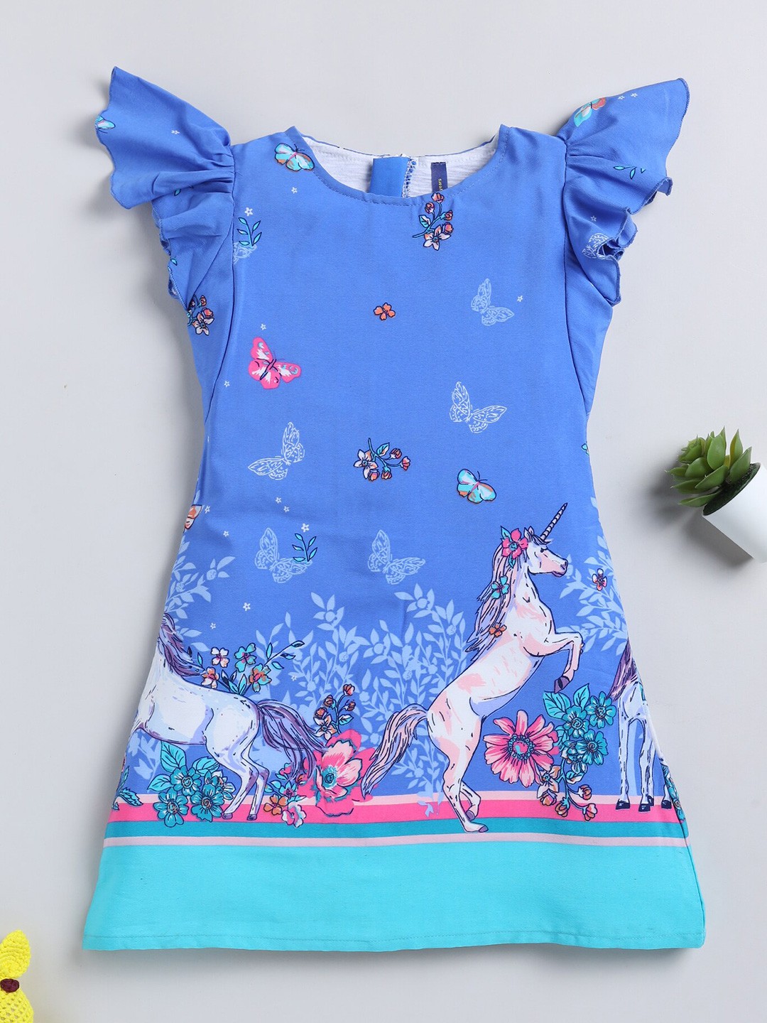 

YK Navy Girls Conversational Printed Flutter Sleeve A-Line Dress, Navy blue