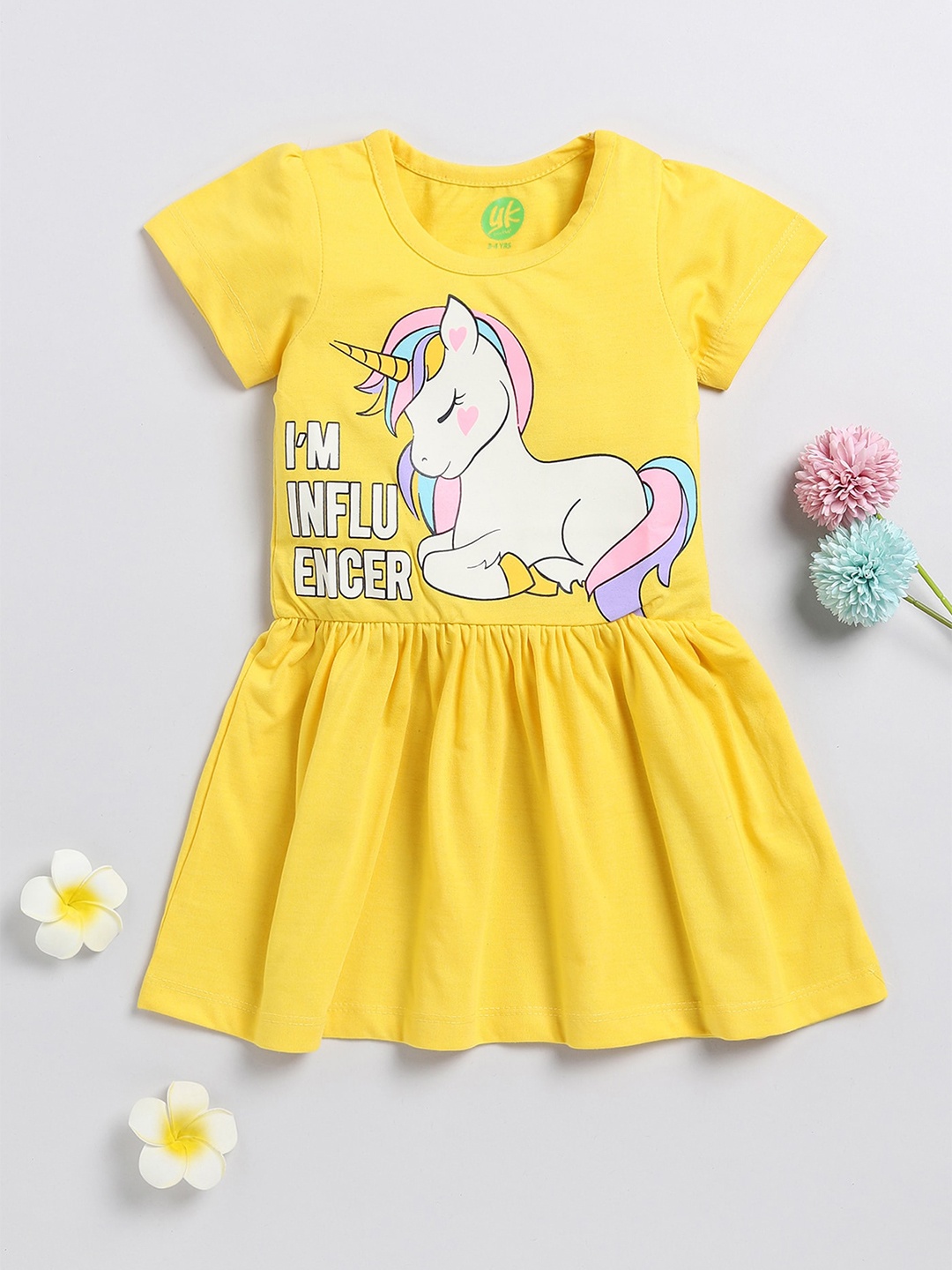 

YK Yellow Girls Graphic Printed Gathered & Pleated Cotton A-Line Dress