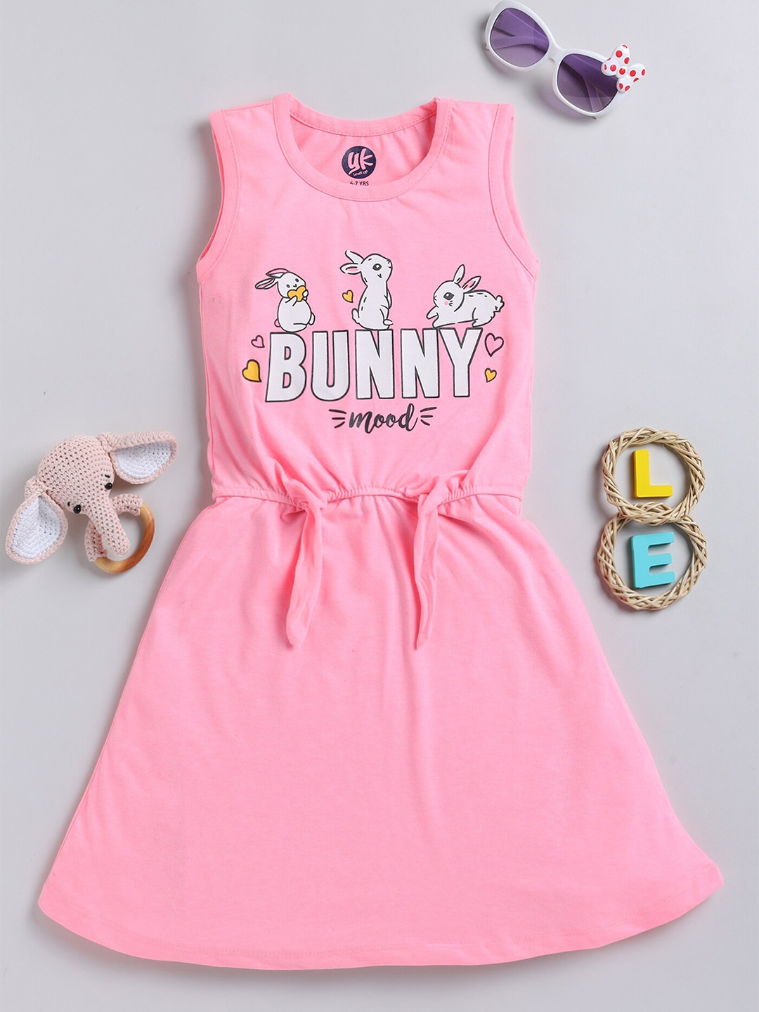 

YK Girls Typography Printed Tie Up Cotton A-Line Dress, Peach