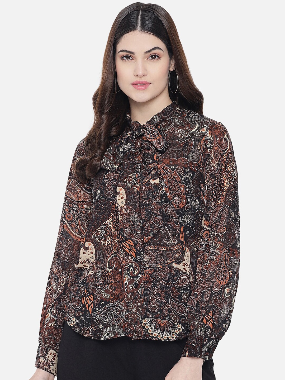 

Trend Arrest Ethnic Motifs Printed Tie Up Neck Top, Brown