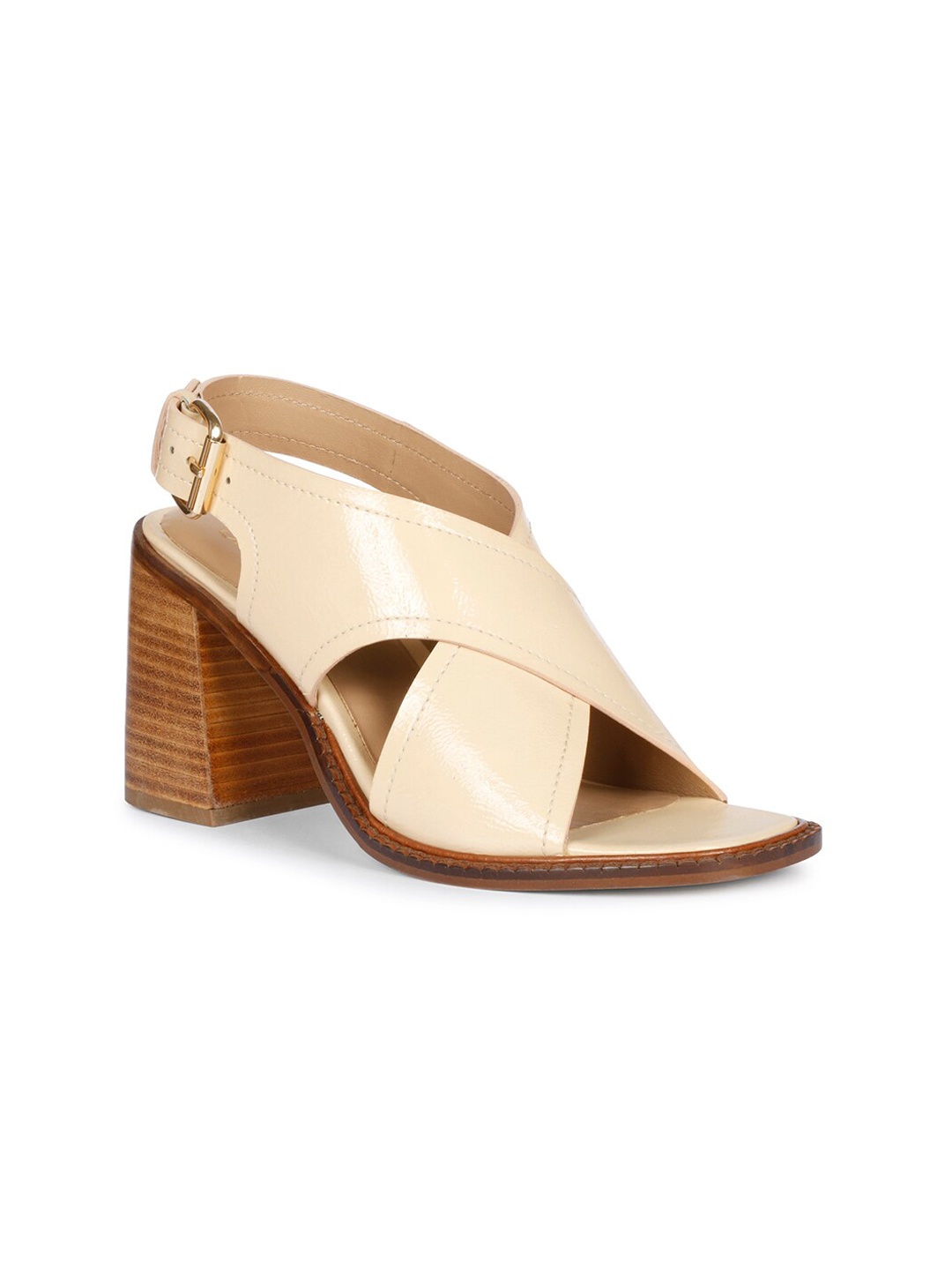 

Saint G Cross Strap Leather Block Heels With Buckles, Nude